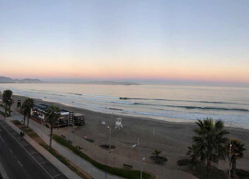 A deserted La Serena beach at dusk with palms and a lifeguard tower
